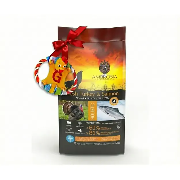 Ambrosia Senior + DOVANA begrūdis su kalakutiena ir šviežia lašiša sausas maistas vyresnio amžiaus šunims, Turkey & Fresh Salmon Senior & Sterilised 12 kg
