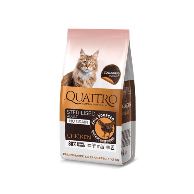 QUATTRO visavertis sausas pašaras suaugusioms sterilizuotoms katėms su vištiena, 1,5 kg