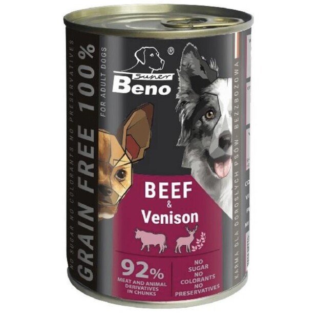 Konservai šunims Super Beno Grain Free (jautiena ir žvėriena), 415 g