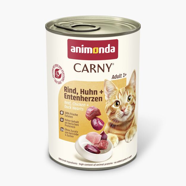 Animonda Carny Adult Beef + Chicken + Duck Heart – konservai katėms su šviežia jautiena, vištiena ir ančių širdelėmis, 400 g 1