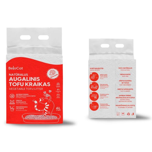 Kraikas katėms TOFU BeloCat, arbūzų kvapo, 6 l (2,5 kg), 2 mm granulės