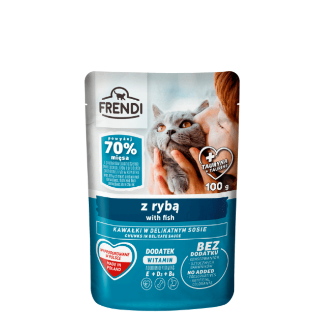 Frendi šlapias maistas katėms – gabaliukai padaže su žuvimi, 100 g