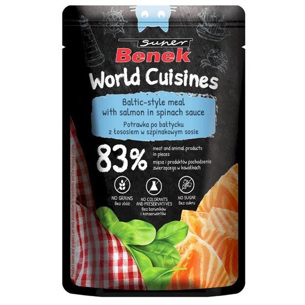 Super Benek World Cuisines konservai katėms. Baltijos skonis su lašiša špinatų padaže, 100 g