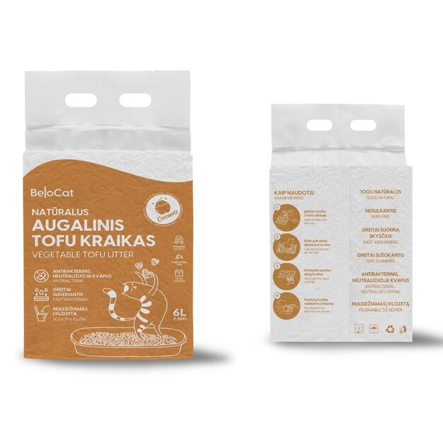 Kraikas katėms TOFU BeloCat, kokoso kvapo, 6 l (2,5 kg), 2 mm granulės