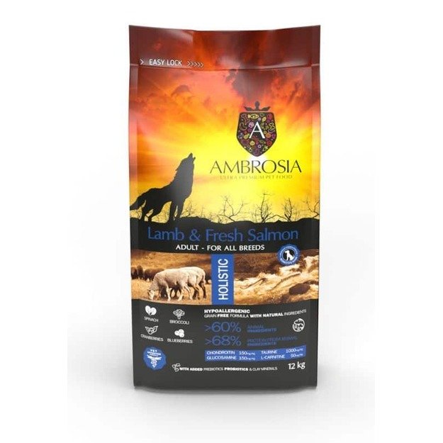 AMBROSIA begrūdis su ėriena ir šviežia lašiša sausas maistas šunims, grain-free Lamb & Fresh Salmon 12 kg