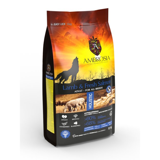 AMBROSIA begrūdis su ėriena ir šviežia lašiša sausas maistas šunims, grain-free Lamb & Fresh Salmon 12 kg