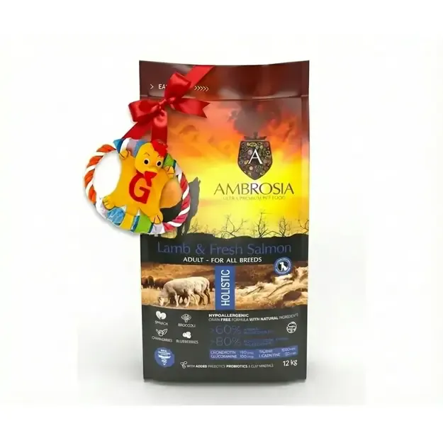 AMBROSIA + DOVANA begrūdis su ėriena ir šviežia lašiša sausas maistas šunims, grain-free Lamb & Fresh Salmon 12 kg