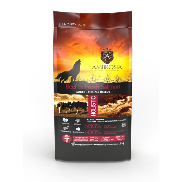 AMBROSIA begrūdis su jautiena ir šviežia lašiša sausas maistas šunims, grain-free Beef & Fresh Salmon 12 kg