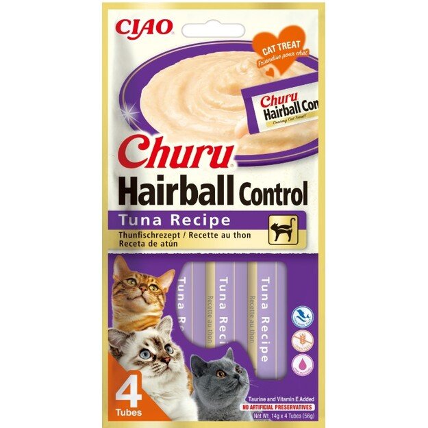 Churu nuo plaukų gumuliukų susidarymo, su tunu  - kreminis skanėstas katėms, Churu Hairball, 4 x 14 g