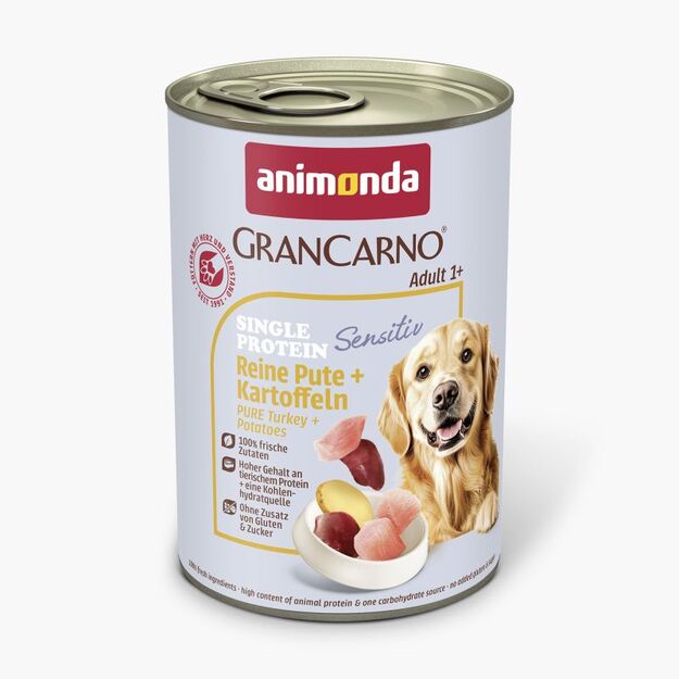 Animonda GranCarno Adult Sensitive Turkey + Potato: konservai jautriems šunims su gryna kalakutiena ir bulvėmis, 400 g 1