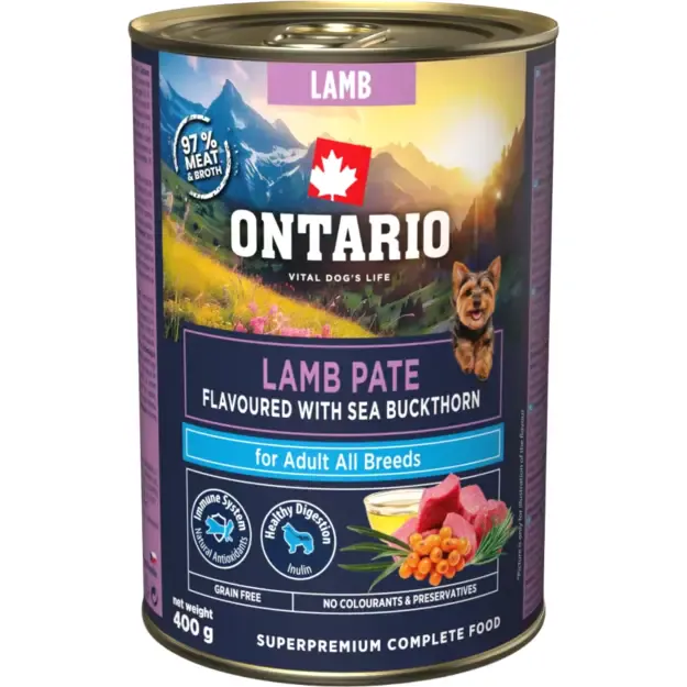 Ontario konservai šunims su ėriena ir šaltalankiu, 400 g, Lamb Pate with Sea Buckthorn