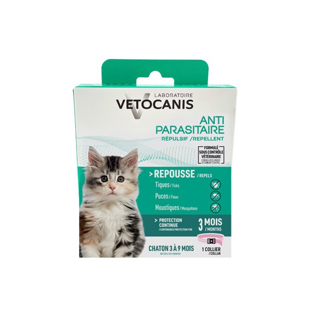 Vetocanis atbaidantis biologinis antkaklis kačiukams nuo 3 iki 9 mėnesių amžiaus
