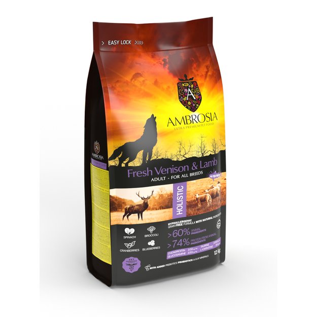 AMBROSIA begrūdis su ėriena ir šviežia elniena sausas maistas šunims, grain-free Lamb & Fresh Venison 12 kg