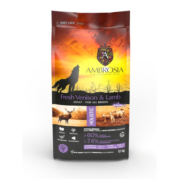 AMBROSIA begrūdis su ėriena ir šviežia elniena sausas maistas šunims, grain-free Lamb & Fresh Venison 12 kg