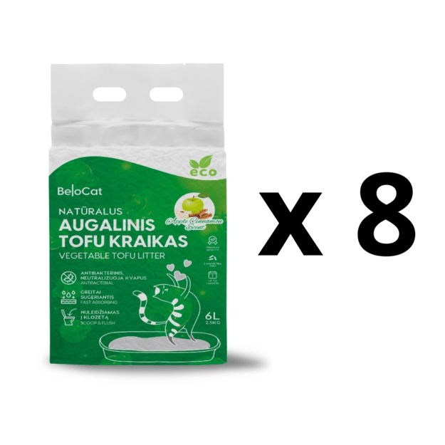 8 VNT. - Kraikas katėms TOFU BeloCat, obuolių su cinamonu kvapo, 6 l (2,5 kg), 2 mm granulės