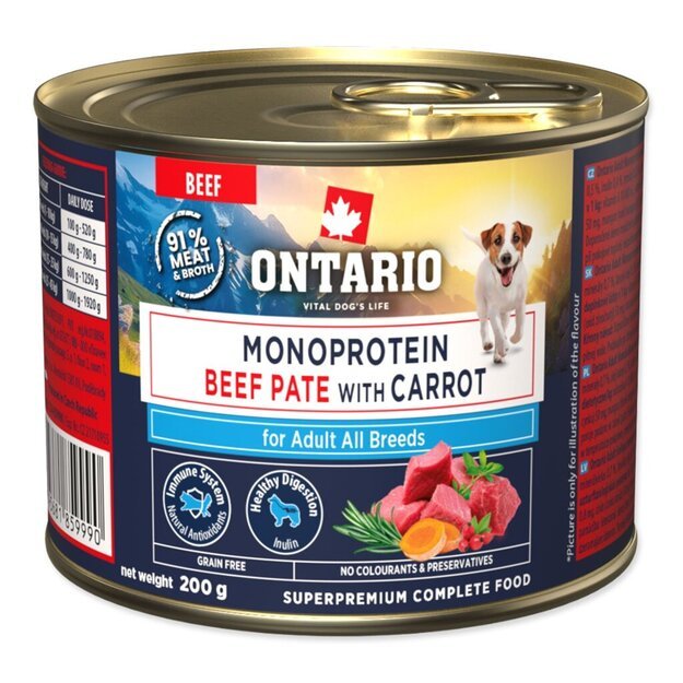 Ontario Monoproteino konservai šunims su jautiena ir morkomis, 200 g 1