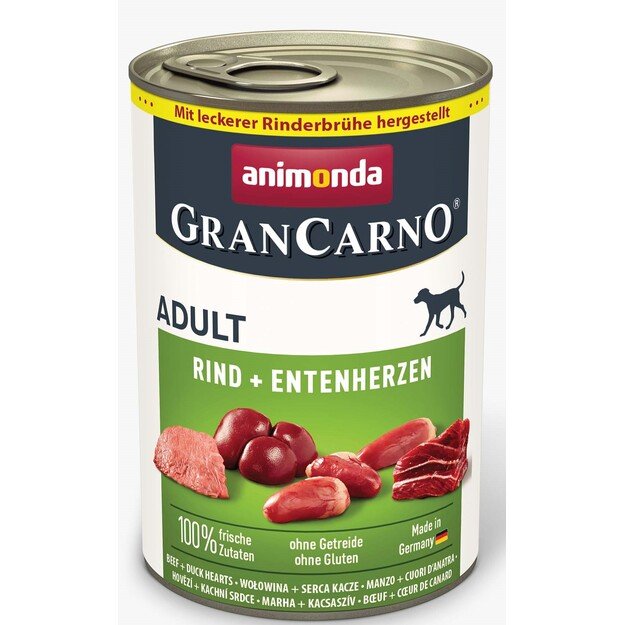 Animonda GranCarno Adult Beef + Duck Hearts: konservai suaugusiems šunims su jautiena ir ančių širdelėmis, 400 g