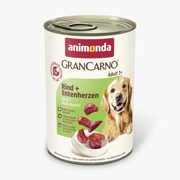 Animonda GranCarno Adult Beef + Duck Hearts: konservai suaugusiems šunims su jautiena ir ančių širdelėmis, 400 g 1