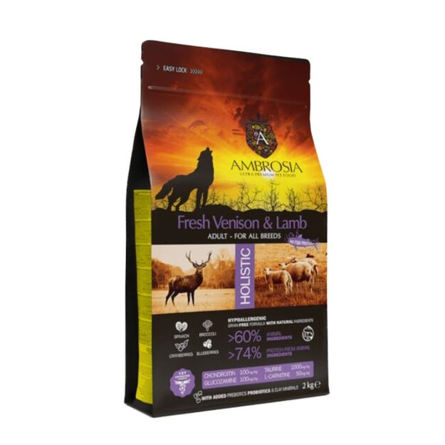 AMBROSIA begrūdis su ėriena ir šviežia elniena sausas maistas šunims, grain-free Lamb & Fresh Venison 2 kg