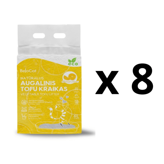 8 VNT. - Kraikas katėms TOFU BeloCat, apelsinų kvapo, 6 l (2,5 kg), 2 mm granulės