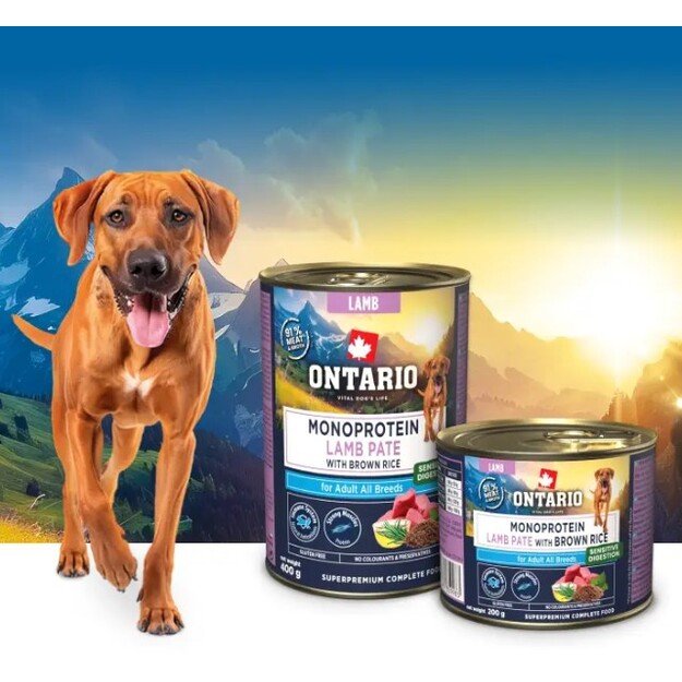 Ontario Monoproteino konservai šunims su ėriena ir rudaisiais ryžiais, 400 g 1