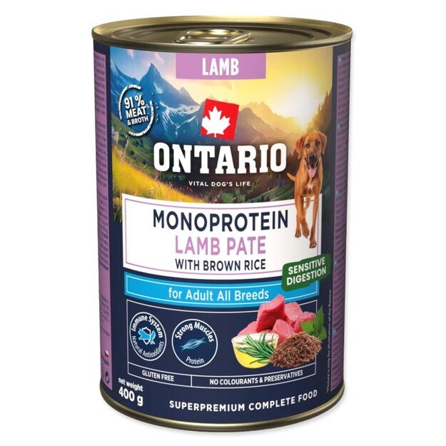 Ontario Monoproteino konservai šunims su ėriena ir rudaisiais ryžiais, 400 g