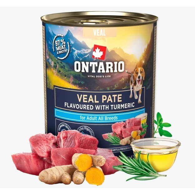 Ontario konservai šunims su veršiena ir ciberžole, 800 g, Veal Pate flavoured with Turmeric 1