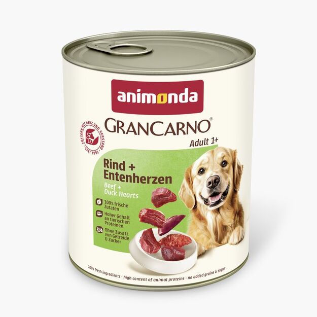 Animonda GranCarno Adult Beef + Duck Hearts: konservai suaugusiems šunims su jautiena ir ančių širdelėmis, 800 g 1