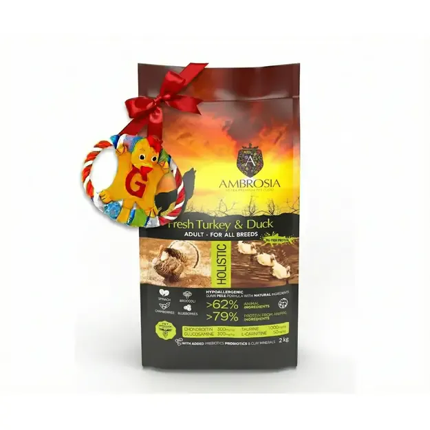 Ambrosia + DOVANA begrūdis su šviežia kalakutiena ir antiena sausas maistas šunims, Fresh Turkey & Duck 12kg