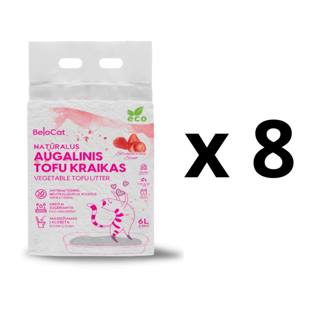 8 VNT. - Kraikas katėms TOFU BeloCat, braškių su pienu kvapo, 6 l (2,5 kg), 2 mm granulės