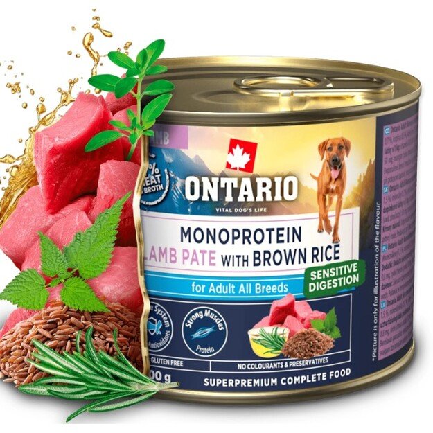 Ontario Monoproteino konservai šunims su ėriena ir rudaisiais ryžiais, 200 g