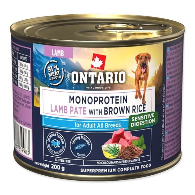 Ontario Monoproteino konservai šunims su ėriena ir rudaisiais ryžiais, 200 g 1