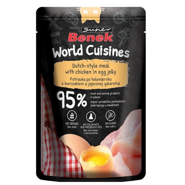 Super Benek World Cuisines konservai katėms. Olandiškas skonis su vištiena kiaušinių drebučiuose, 100 g