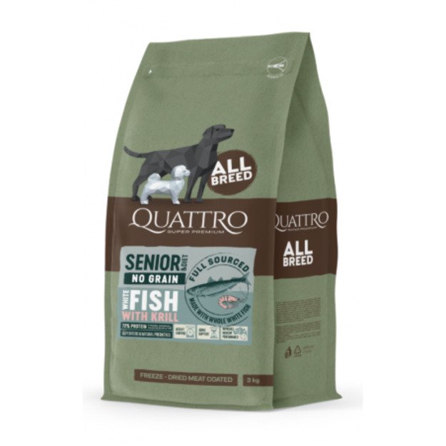 QUATTRO begrūdis visų veislių suaugusių šunų pašaras WEIGHT LOSS su balta žuvimi ir kriliumi, 3kg
