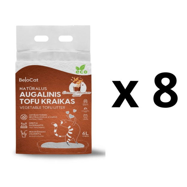 8 VNT. - Kraikas katėms TOFU BeloCat, karamelinės Macchiato kavos kvapo, 6 l (2,5 kg), 2 mm granulės