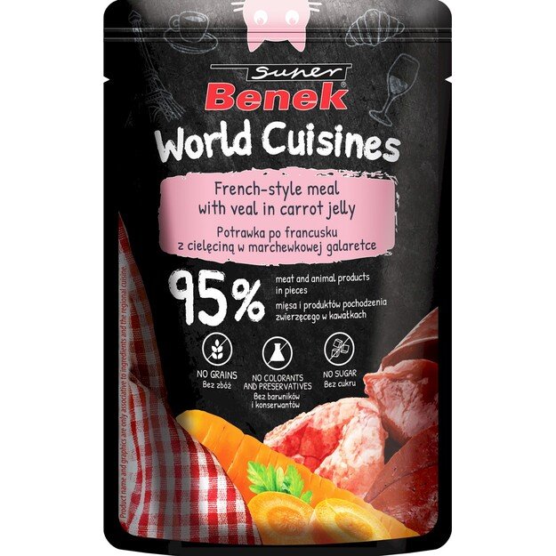 Super Benek World Cuisines konservai katėms. Prancūziškas skonis su veršiena morkų drebučiuose, 100 g
