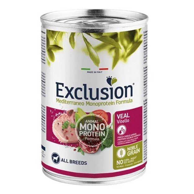 Exclusion Mono Protein Mediterraneo konservuotas pašaras šunims su veršiena, 400 g
