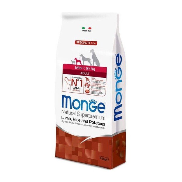 Monge spec. line monoprotein mini adult sausas pašaras mažų veislių suaugusiems šunims su ėriena, ryžiais, bulvėmis 7,5kg