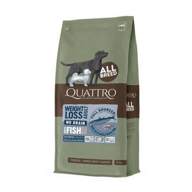 QUATTRO begrūdis visų veislių suaugusių šunų pašaras WEIGHT LOSS su balta žuvimi ir kriliumi, 12kg
