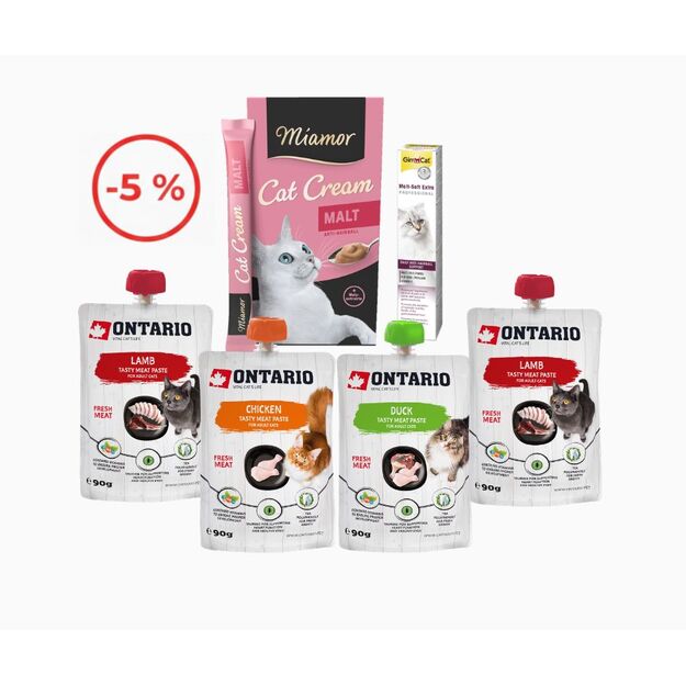 Rinkinys katėms mėsos ir salyklo (malt) pastos 