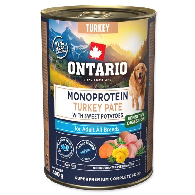 Ontario Monoproteino konservai šunims su kalakutiena ir saldžiosiomis bulvėmis, 400 g