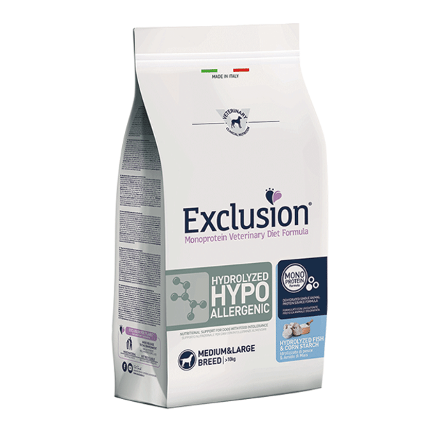 Exclusion Hydrolyzed Hypoallergenic maistas šunims su hidrolizuota žuvimi ir kukurūzų krakmolu M/L 12 kg