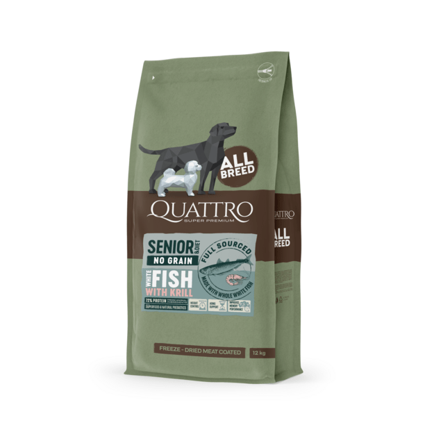 QUATTRO 12kg begrūdis visų veislių senjorų/dietinis šunų pašaras su balta žuvimi ir kriliu 1