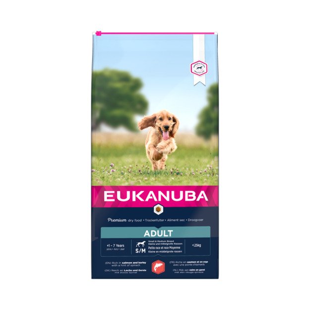 Eukanuba S/M visavertis pašaras suaugusiems šunims su lašiša ir miežiais, 12 kg