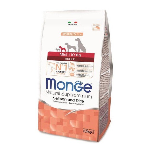 Monge mini adult sausas pašaras mažų veislių suaugusiems šunims su lašiša ir ryžiais 7,5kg