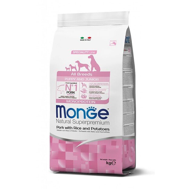 Monge spec. line monoprotein puppy sausas pašaras visų veislių jauniems šuniukams su kiauliena, ryžiais ir bulvėmis 12kg