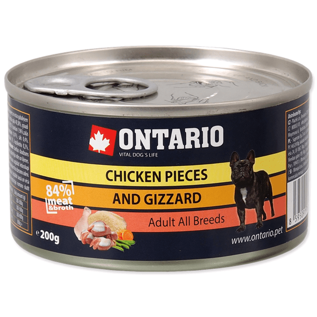 Ontario konservai šunims su vištiena ir vištienos skrandukais, 200 g, Chicken Pieces and Gizzard