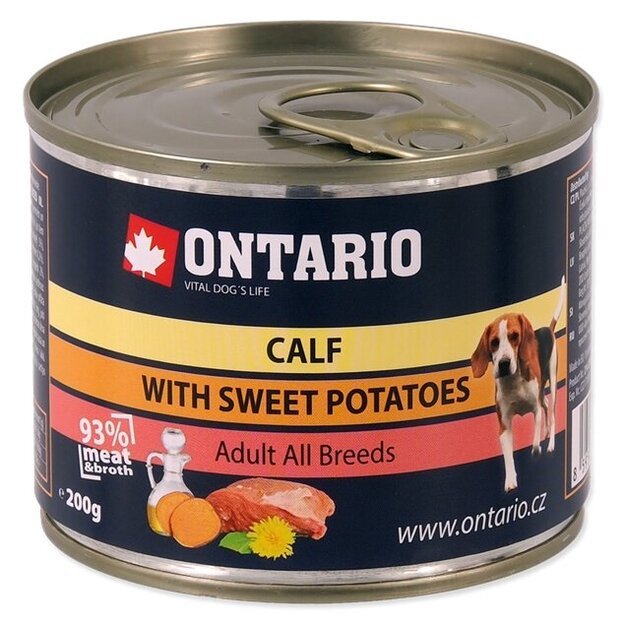 Ontario konservai šunims su veršiena, saldžiosiomis bulvėmis ir lašišų aliejumi, 200 g, Adult Calf with Sweet Potatoes