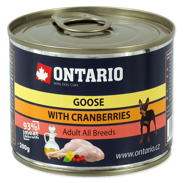 Ontario konservai šunims su žąsiena, spanguolėmis ir linų sėmenų aliejumi, 200 g, Adult Goose with Cranberries