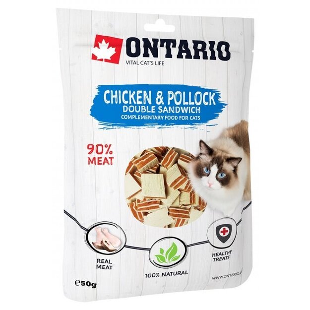 Ontario skanėstai katėms su vištiena ir menke, 50 g, Chicken and Pollock Double Sandwich